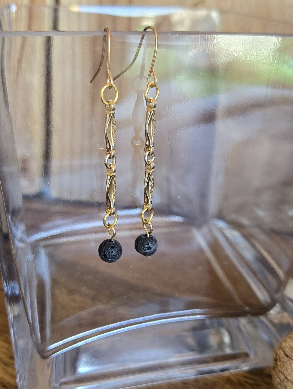 Aromatherapy Lava Stone Dangle Earrings | Recycled Vintage Gold Tone Chain